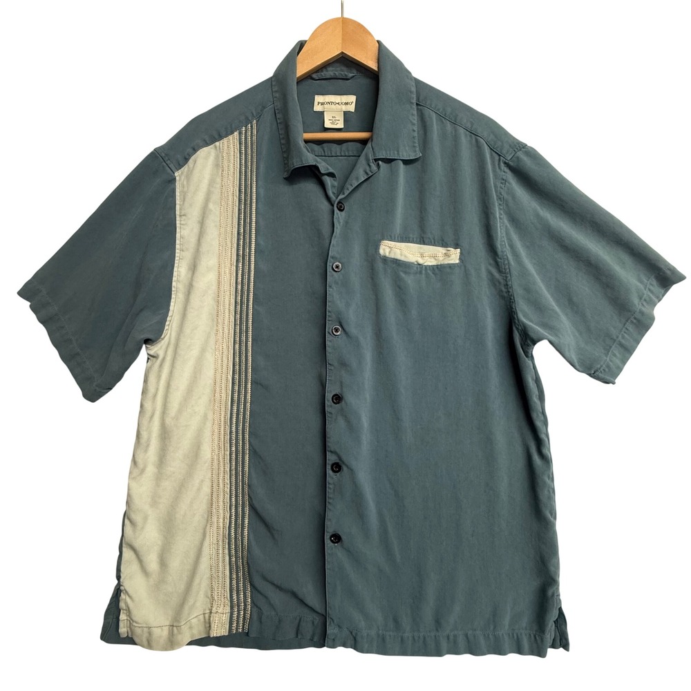 Pronto Uomo Mens XL Silk Camp Shirt Blue Short Sleeve Embroidered Herringbone